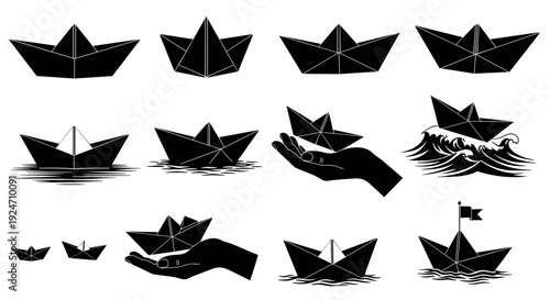 Set of black paper boats and hands holding paper boats