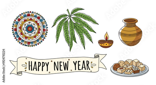 Collection of colorful cultural items and symbols for celebration