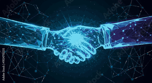 Two hands shaking with glowing blue lines on a dark background with geometric shapes