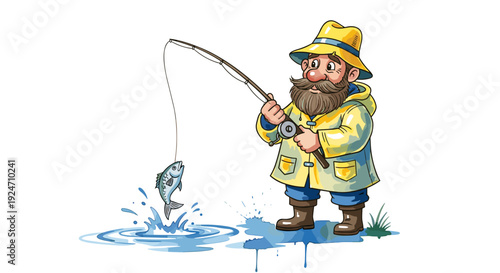 Cartoon man fishing in raincoat and hat standing by water