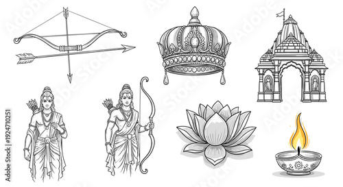 Collection of traditional asian cultural symbols and religious icons