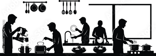 Kitchen activity silhouette with people cooking preparing food washing dishes and making breakfast representing home cooking teamwork daily routine and modern household lifestyle concept