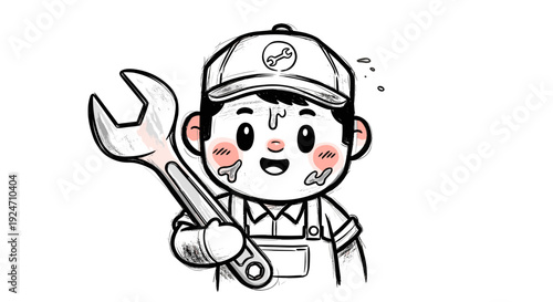 Cartoon mechanic boy holding wrench smiling with cheerful expression