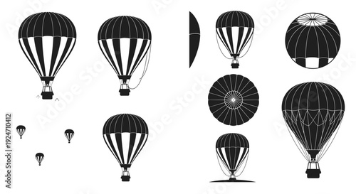 Collection of hot air balloons in various shapes and sizes in flight