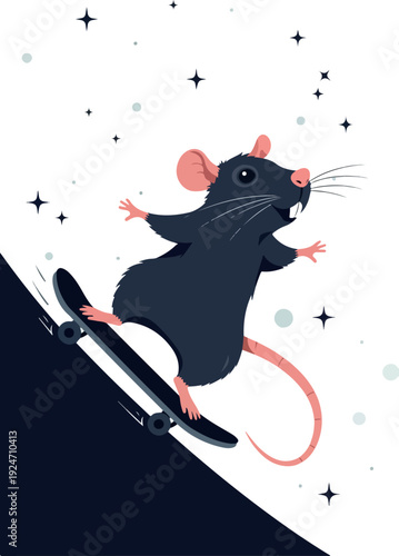Cute Mouse Character Riding Skateboard with Sparkles Flat Design Illustration