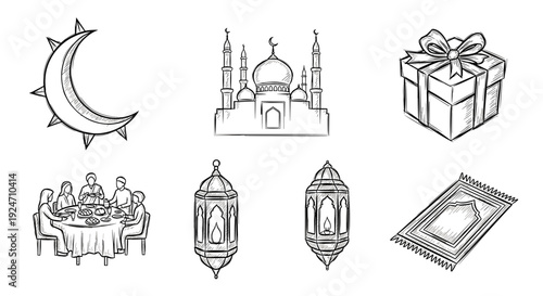 Collection of islamic religious objects and symbols for celebration