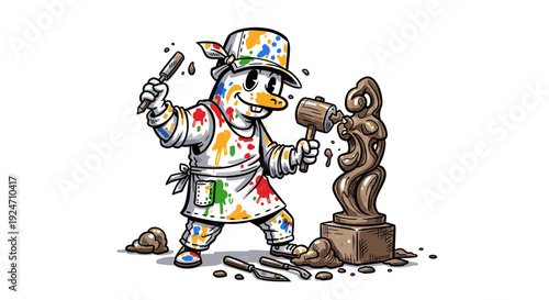 Child artist painting sculpture with colorful paint on clay work