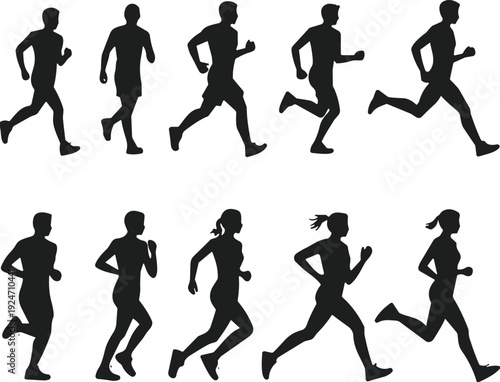 Set of male and female runner silhouettes in motion, athletic people jogging and sprinting, fitness training vector illustration