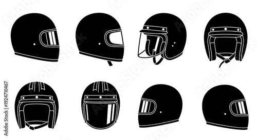Collection of black motorcycle helmets with various designs and styles