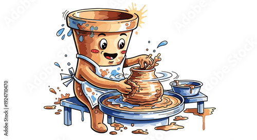 Cute cartoon character of a smiling clay pot making pottery on wheel