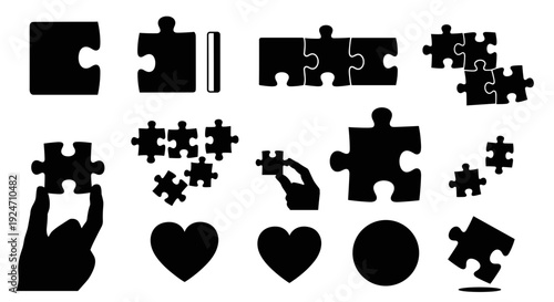 Collection of black puzzle pieces and related icons