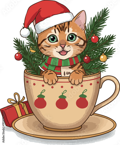 Cute Orange Tabby Cat In A Christmas Mug With Pine Tree And Gift