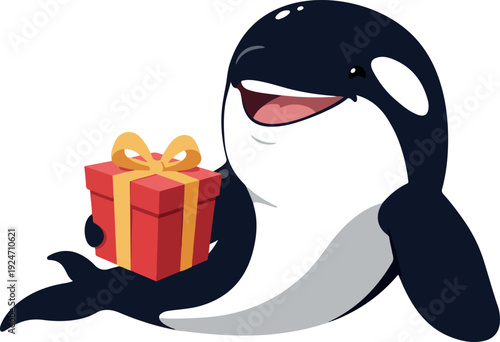 Cute Orca Whale Holding Red Gift Box White Background Flat Illustration
