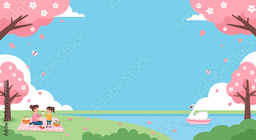 Springtime Picnic by the Lake with Cherry Blossoms and Family. Vector Illustrations. EPS Editable