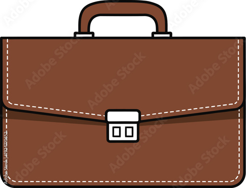 Brown leather briefcase with white stitching and a silver clasp is presented front view against a clean white background for business.