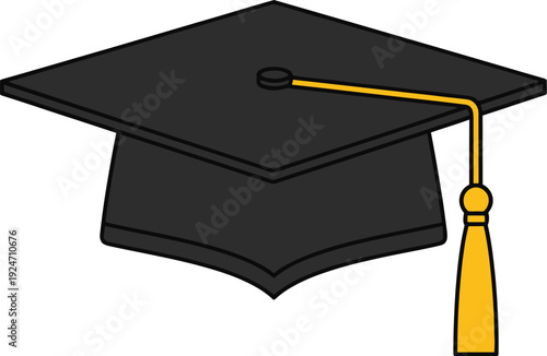 Black graduation mortarboard cap with a yellow tassel rests isolated against a pure white background symbolizing academic achievement.