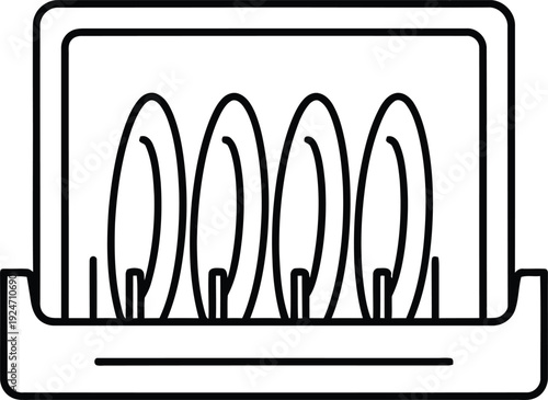 A simple line drawing of a dishwasher with plates inside it is displayed on a white background.