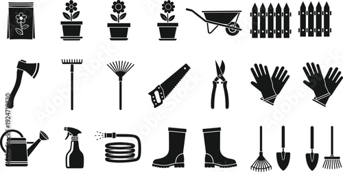 Gardening tools and equipment silhouette icon collection with wheelbarrow rake shovel gloves boots watering can vector set