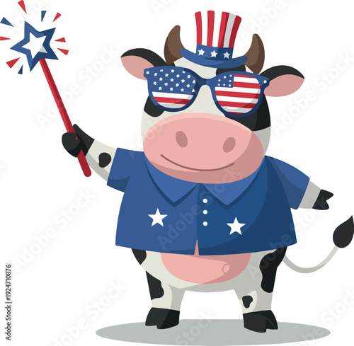 Cute Patriotic Cow Wearing Sunglasses and Hat Holding Sparkler