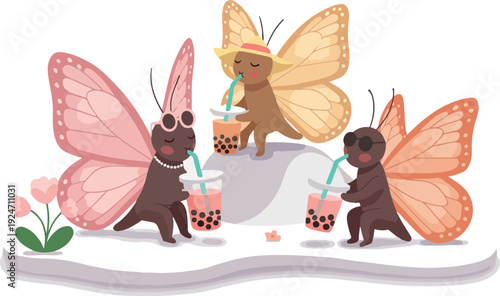 Cute Pixel Art Butterflies Enjoying Boba Tea on a Sunny Day