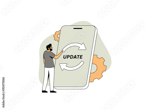 Software update process on mobile app, system upgrade cycle arrows. Digital maintenance workflow for SaaS product corporate website infographic and modern mobile flat UI design, vector illustration