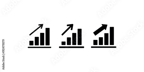 Bar chart with upward arrow icons set on white background showing financial growth success statistics market performance and positive economic indicators