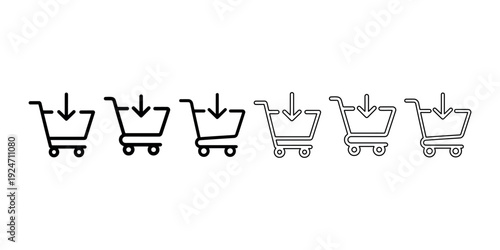 Shopping cart with down arrow icon set including solid and thin line styles for ecommerce buy buttons add to basket symbols and digital marketing design