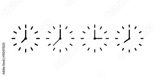 Four simple black and white clock icons showing different times on white background