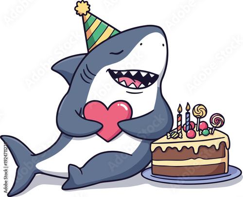 Cute Pixel Shark Holding Heart Near Birthday Cake With Candles and Lollipops