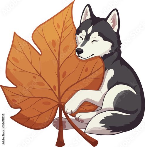 Cute Pixel Husky Dog Sleeping Beside Large Autumn Leaf Warm Colors