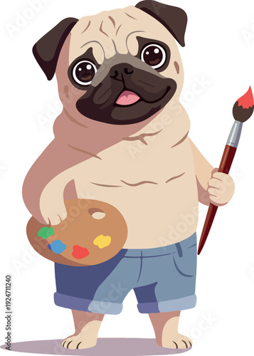 Cute Pug Artist Holding Paintbrush and Palette on White Background