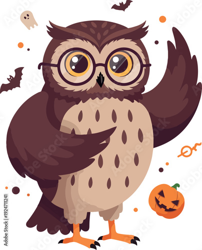 Cute Pixel Owl With Glasses and Halloween Pumpkin and Bats Vector
