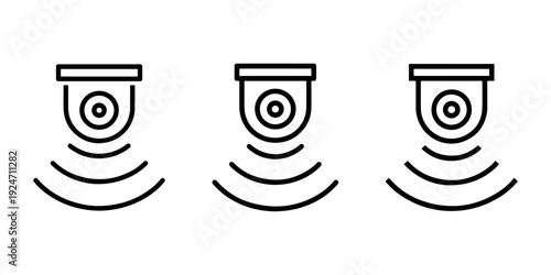 Three identical line art icons of security cameras with signal waves emanating outwards on white background