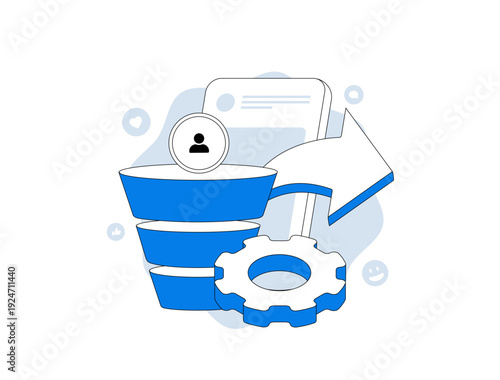 User acquisition funnel, mobile app onboarding process with profile and settings gear, digital marketing conversion analytics for SaaS startup 2026 UI, flat modern infographic vector illustration