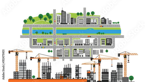 Urban Development and City Planning Illustration: Construction Site with Tower Cranes Building Modern Infrastructure and Metropolis.