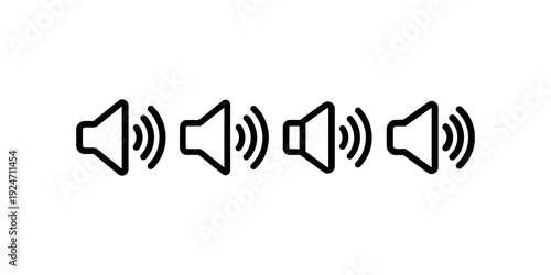 Speaker volume level icons set on white background representing audio control sound output multimedia settings electronic devices and communication signals