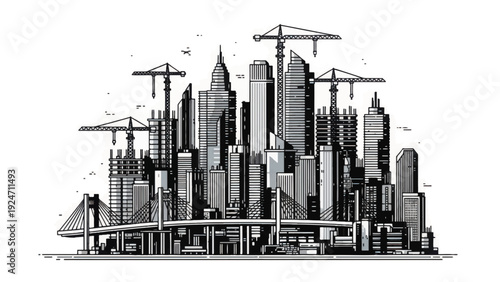Urban cityscape skyline under construction, hand drawn sketch illustration. Modern city development and infrastructure vector art.