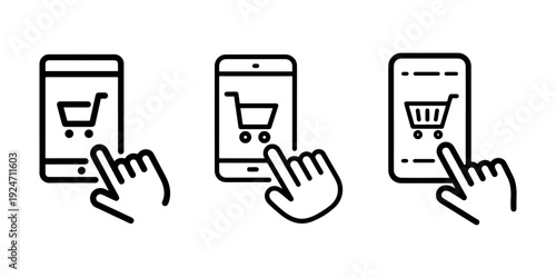 Three mobile phone screens with shopping cart icons and a hand clicking to purchase, online shopping concept, vector illustration
