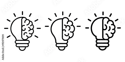Three light bulbs with brains inside and light rays, creative idea and intelligence concept, vector illustration isolated on white