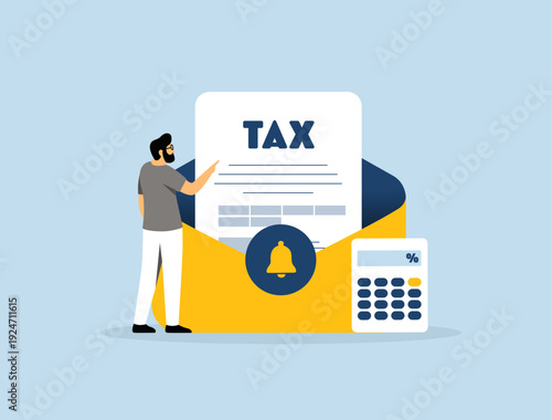 Tax season payment e-mail notification. Tax bill report alert, finance management with calculator and envelope icon for business accounting dashboard, flat modern financial UI vector illustration