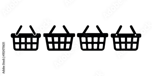 Collection of four black shopping basket icons arranged in a line on a clean white background