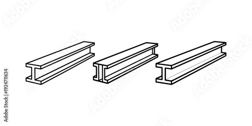 Three steel I-beams in line art style, construction and industrial material concept, vector illustration isolated on white background