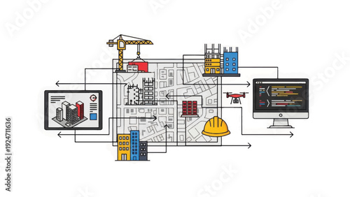 Building Information Modeling (BIM) and Smart Construction Technology Integration Doodle Illustration