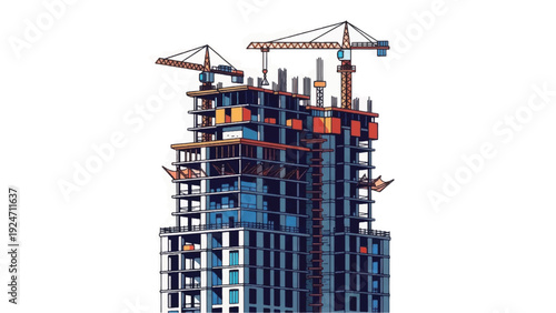 Modern Skyscraper Under Construction: Concrete Structure and Framework with Heavy Lifting Tower Cranes Isolated on White