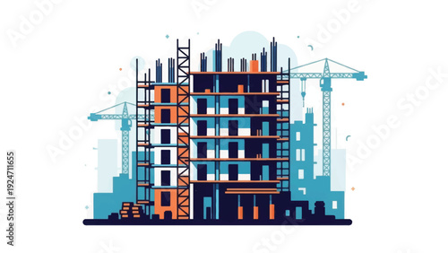 Construction Site Illustration: Skyscraper Framework, Concrete Building Progress, Real Estate Development Project and Industrial Infrastructure.
