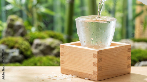 Pouring chilled Japanese sake into a glass overflowing in a masu box.
