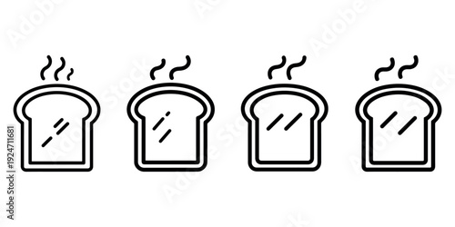 Toasted bread slice icon collection showing four variants of fresh hot breakfast toast with steam vapors for bakery and cafe branding in line art style
