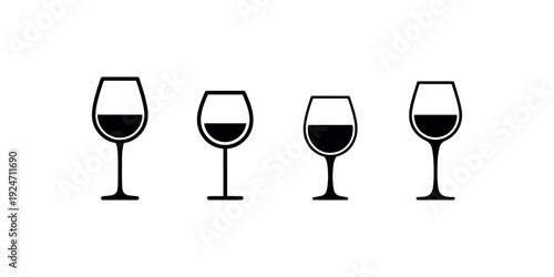 Wine glass icon set featuring four different stemware silhouettes with liquid for restaurant menu design and winery branding projects in minimalist style