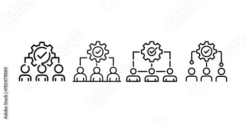 Icon set showing team management with gear and check mark symbols representing successful business collaboration project execution and leadership strategy