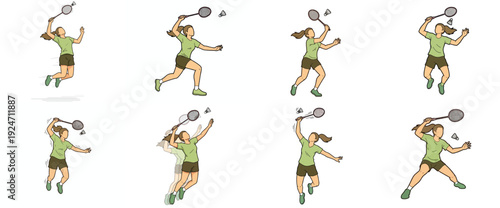 Badminton player action sequence with transparent background